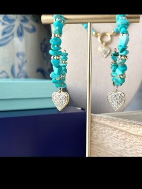 Turquoise Beaded Heart Drop Earrings with Gold Accents